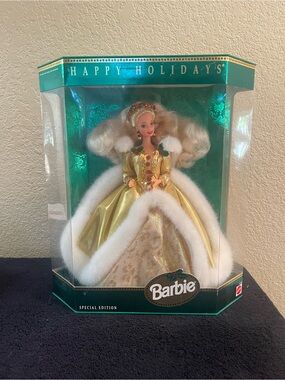 Barbie Holiday Collector Doll in Gold Gown with White Fur Trim